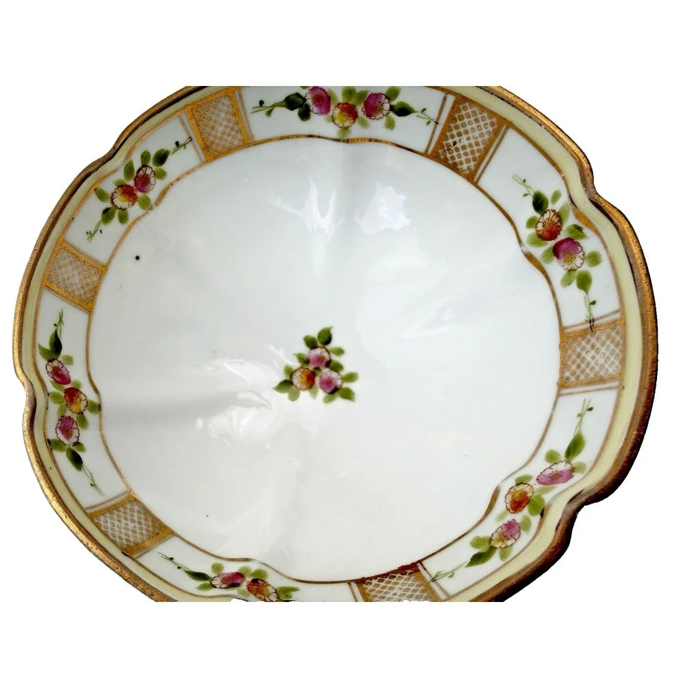 Vintage Hand Painted Nippon Footed Bowl Floral Gold Lattice Raised Relief 7